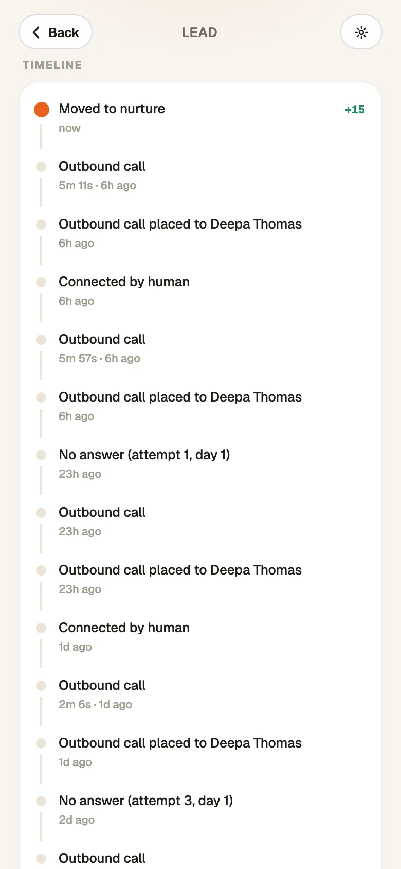 The lead's timeline showing the logged call and the booked next step.
