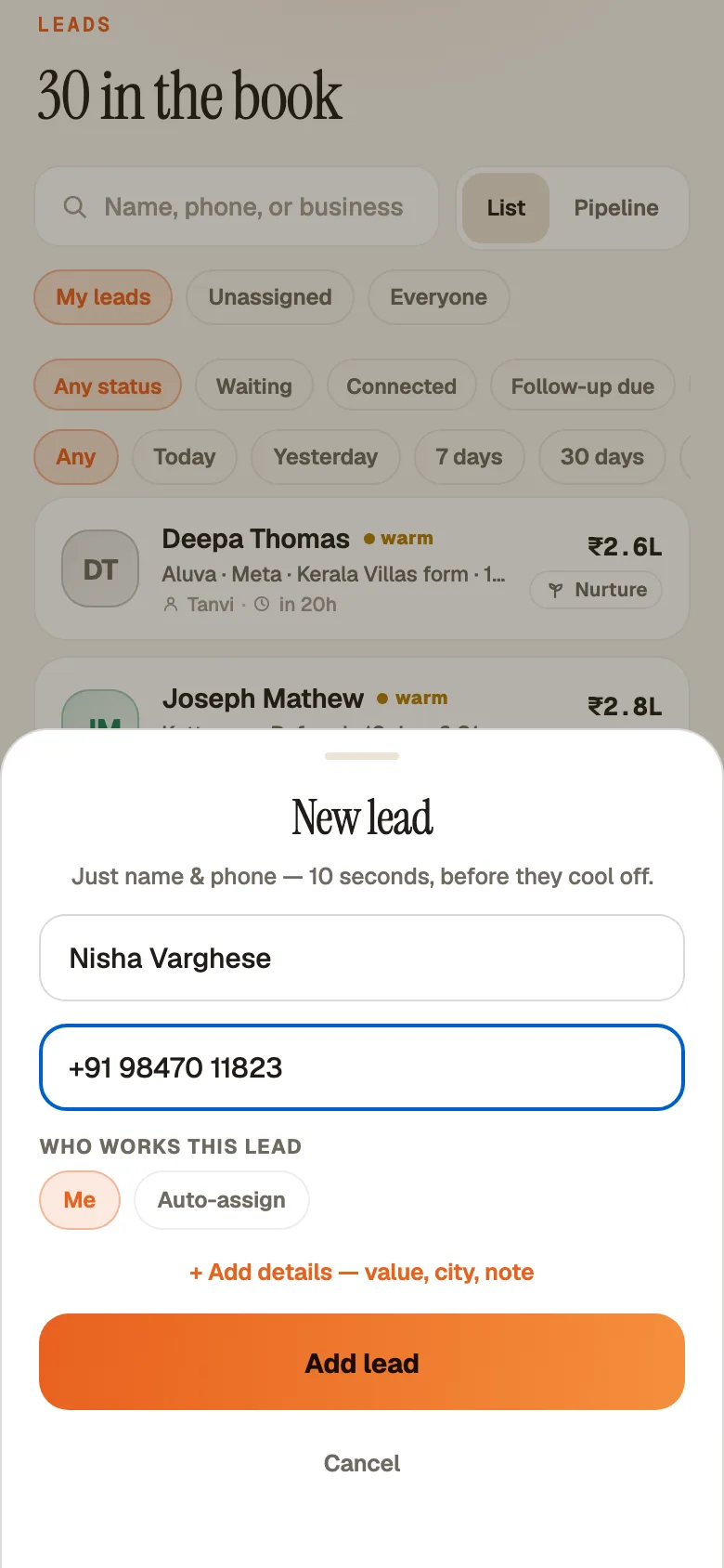 The New lead screen on Android with name and phone fields, 'Add lead' and 'Add details'.