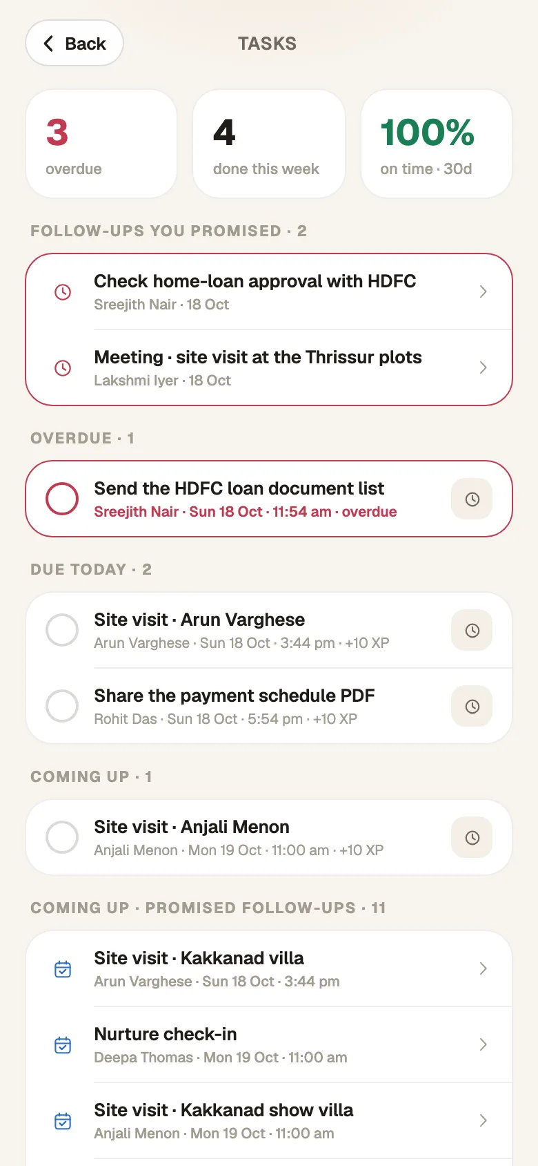 Tasks on Android: a meeting in 50 minutes and a past meeting asking 'Happened — how did it go?' or 'Didn't happen'.