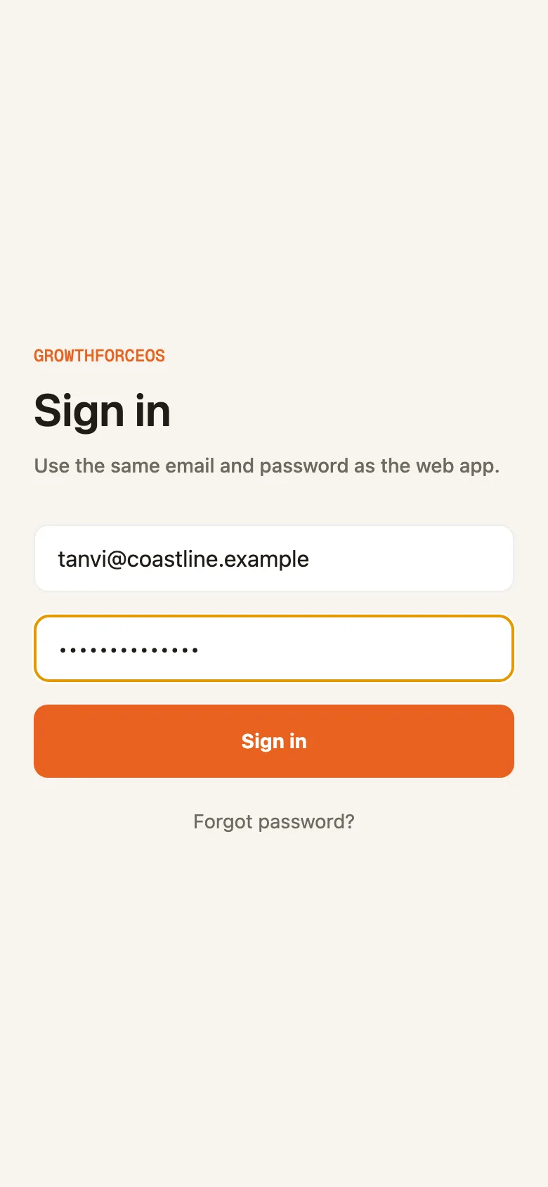 The Android app's sign-in screen with email and password.