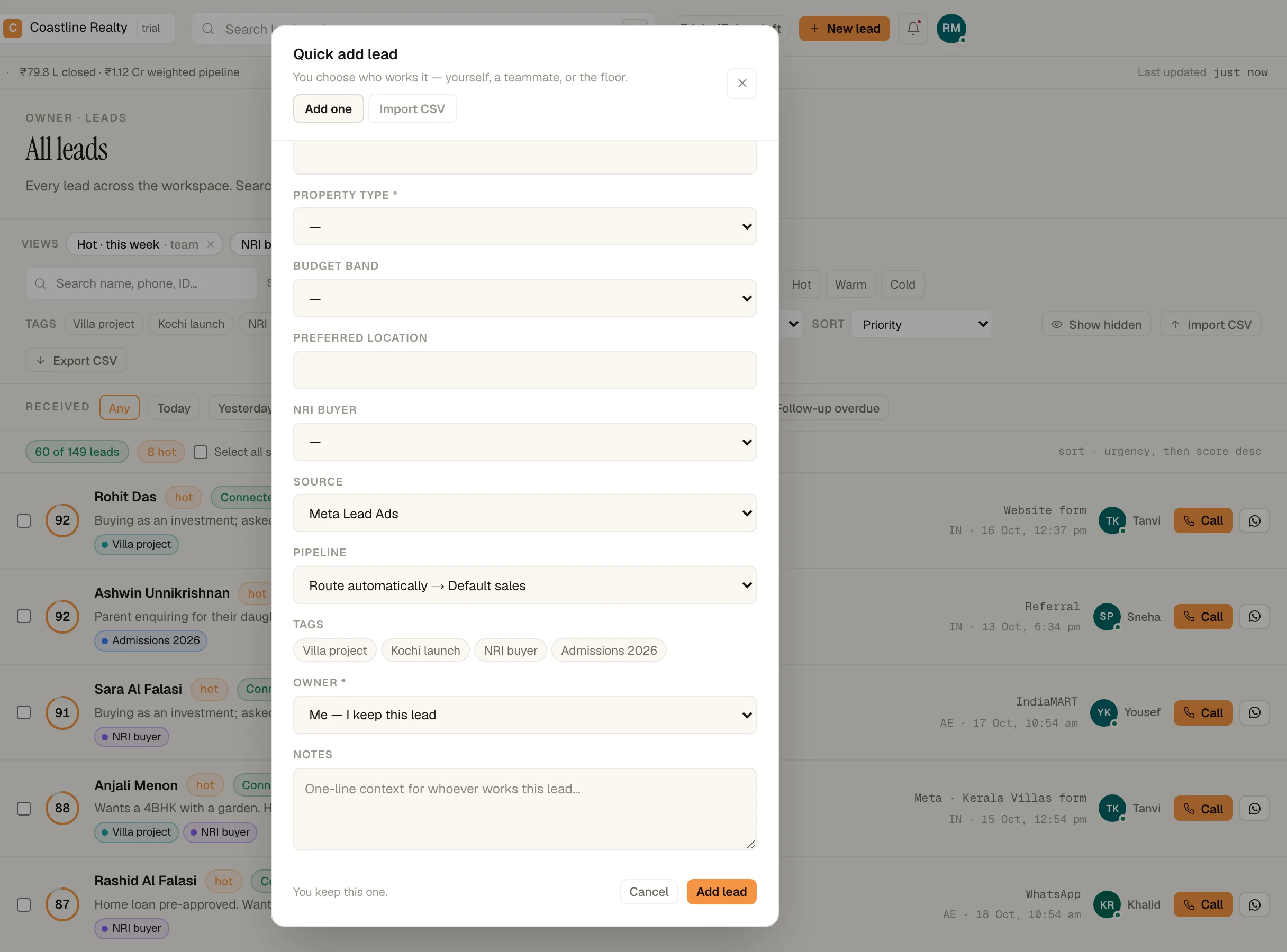 The New lead dialog asking 'Who works this lead?' with 'Me — I keep this lead', 'Auto-assign to the floor' and teammates listed by name.