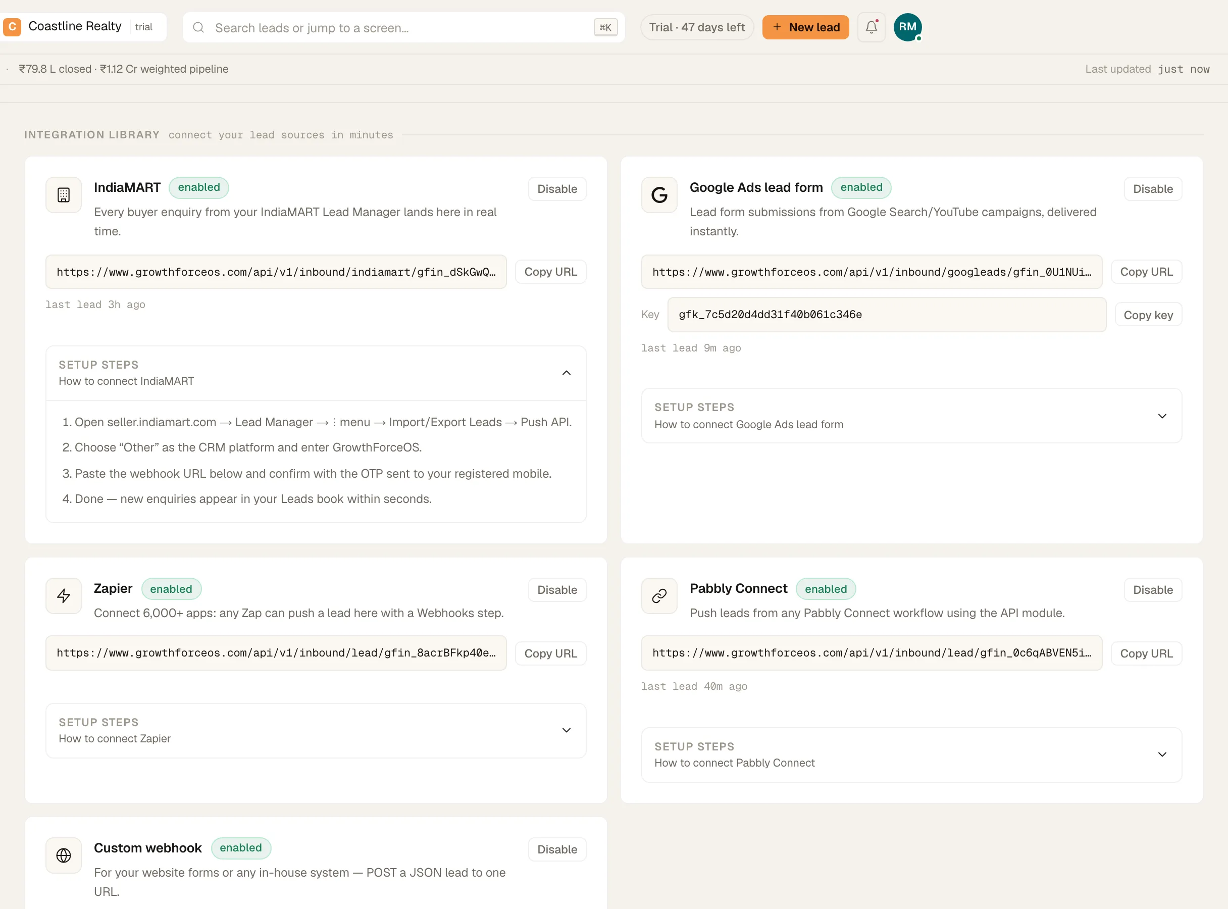 The IndiaMART integration card expanded, showing the Push API steps and 'Copy URL'.