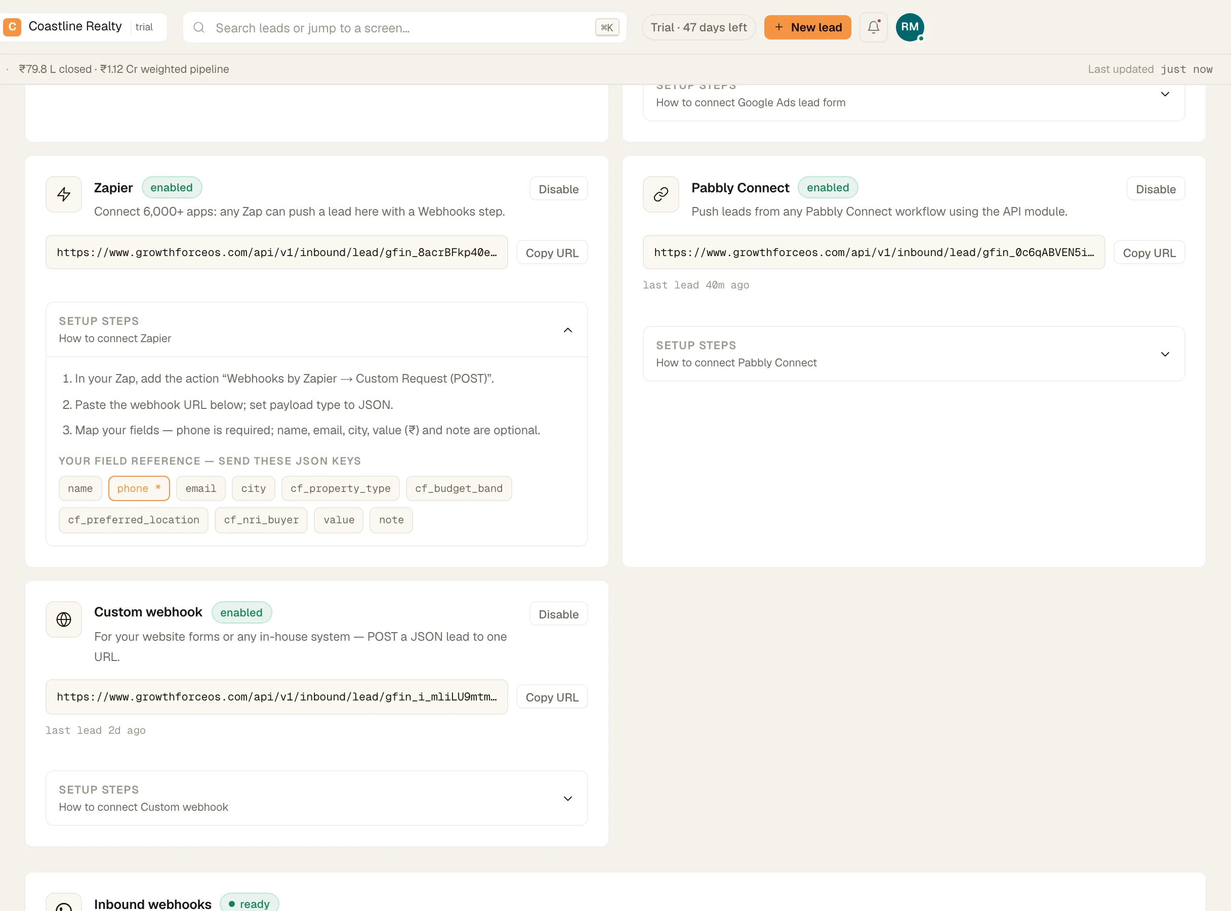 The Zapier integration card expanded with a webhook URL and 'Copy URL'.