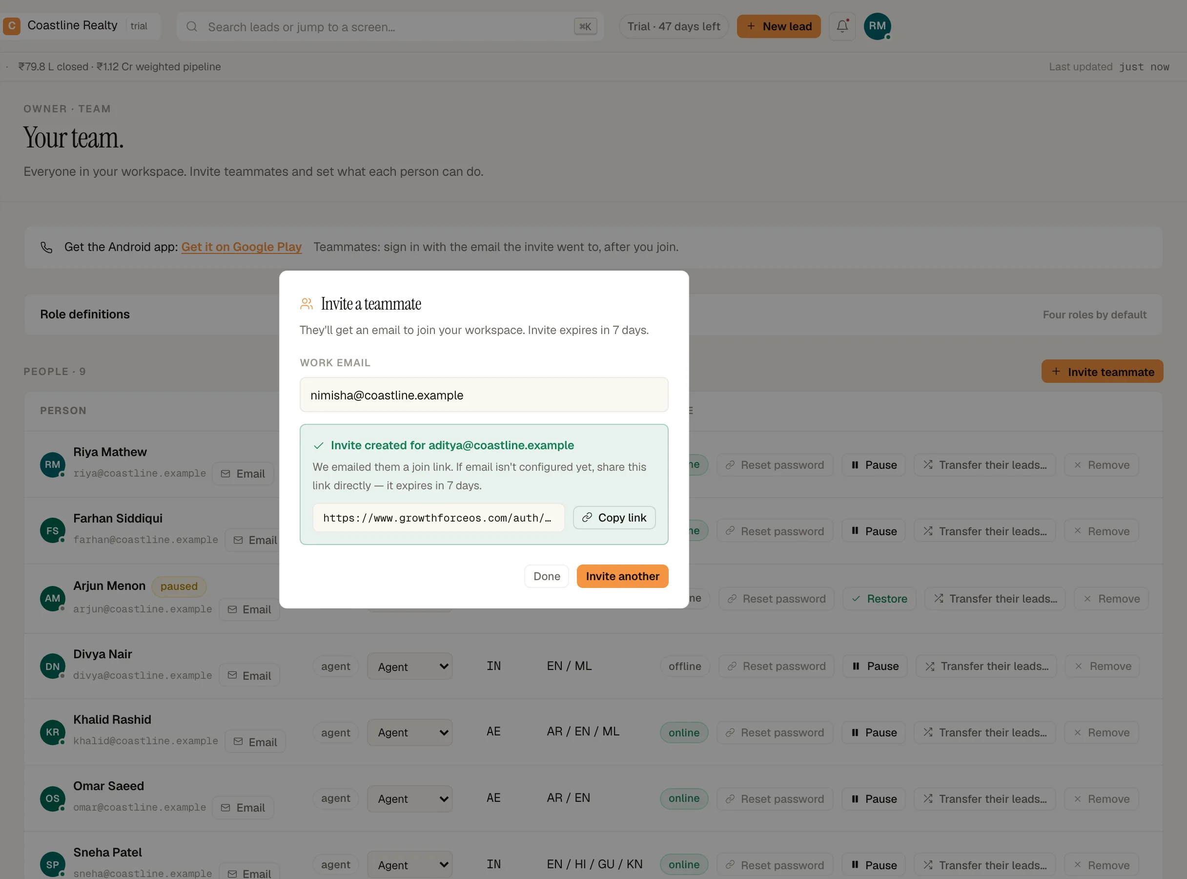 The 'Invite a teammate' dialog with a work email entered, ready to send.