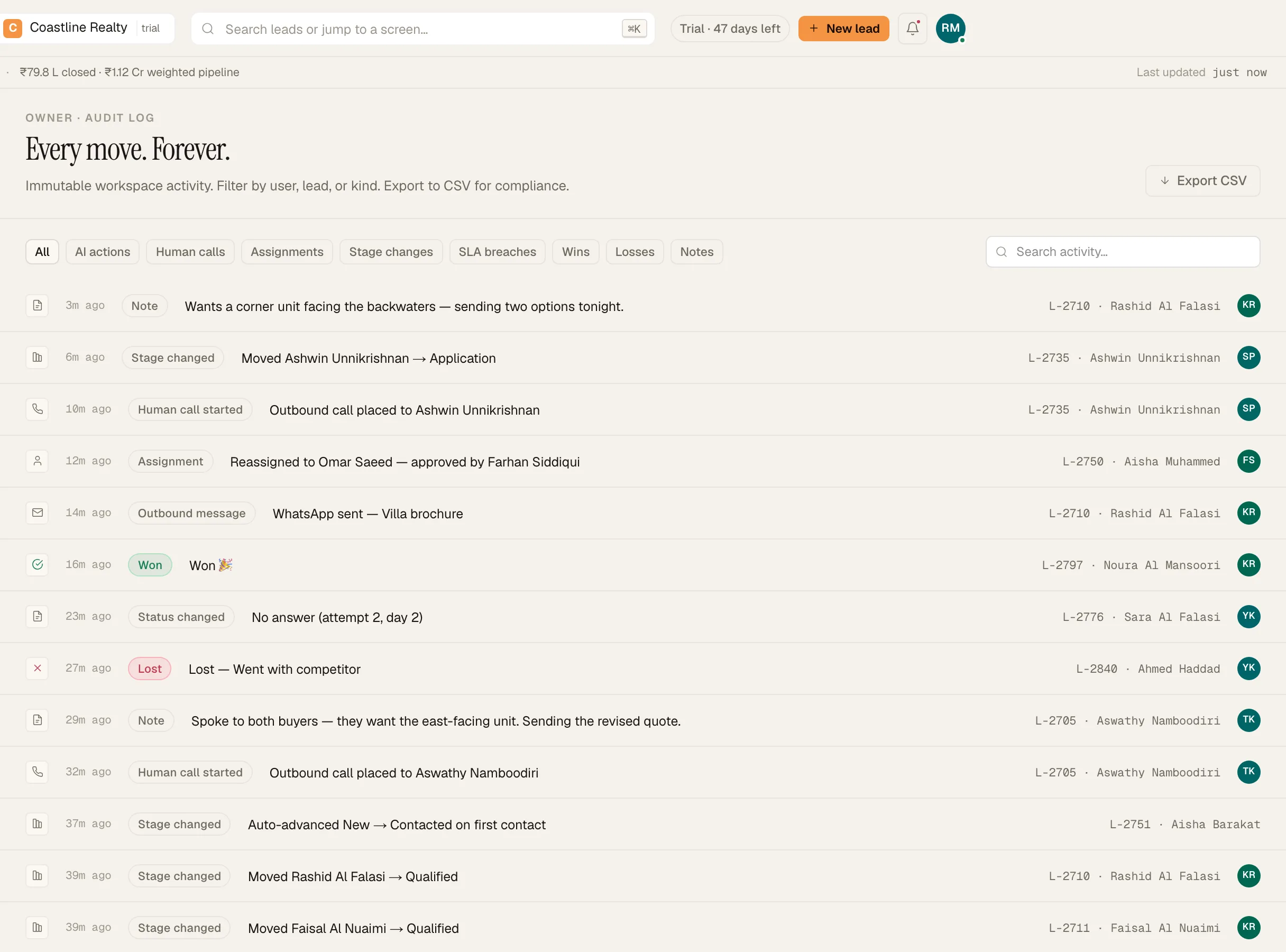 The audit log listing recent changes, with the export control.