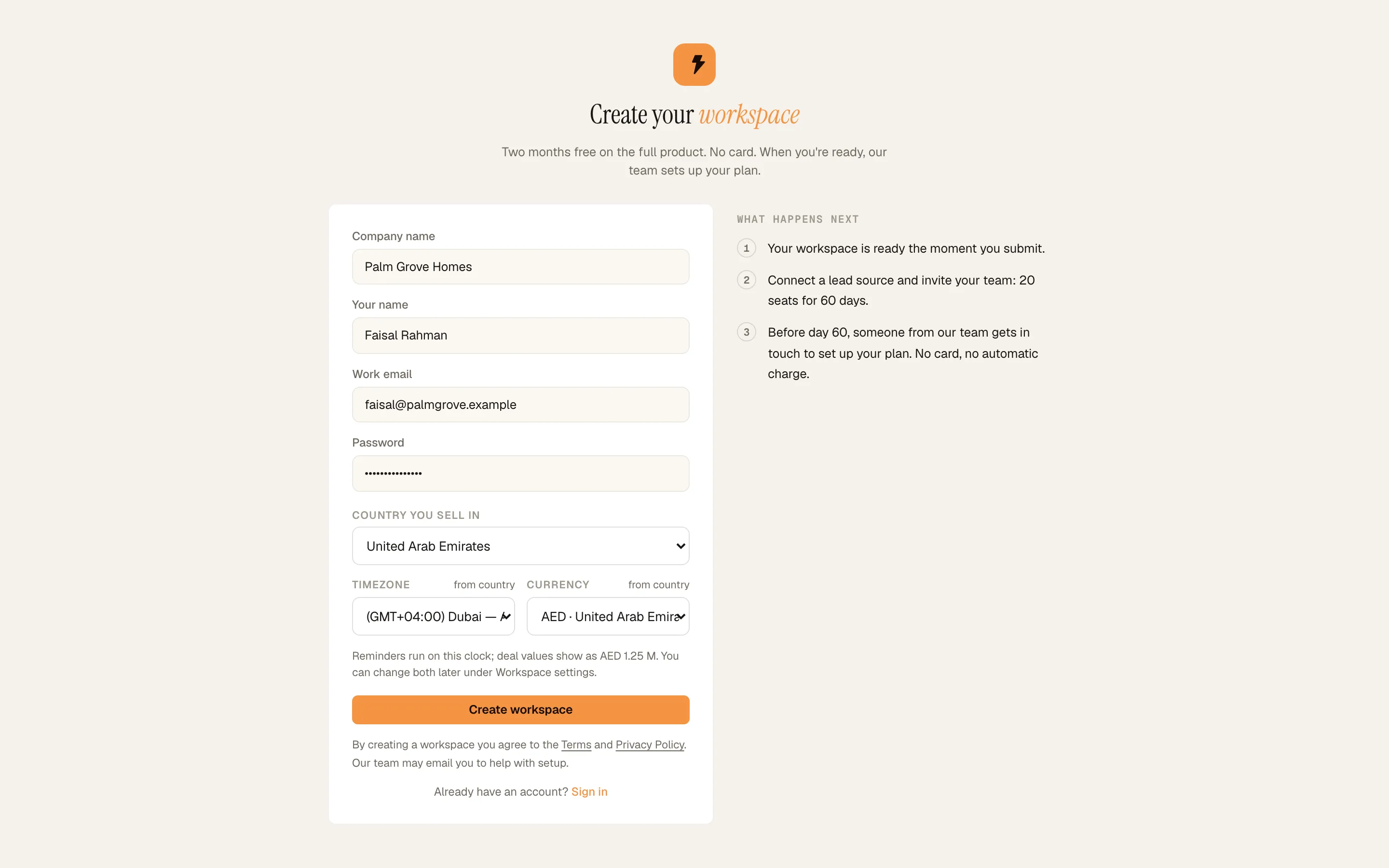 The Create your workspace form with 'Country you sell in' set to United Arab Emirates and timezone and currency filled in.