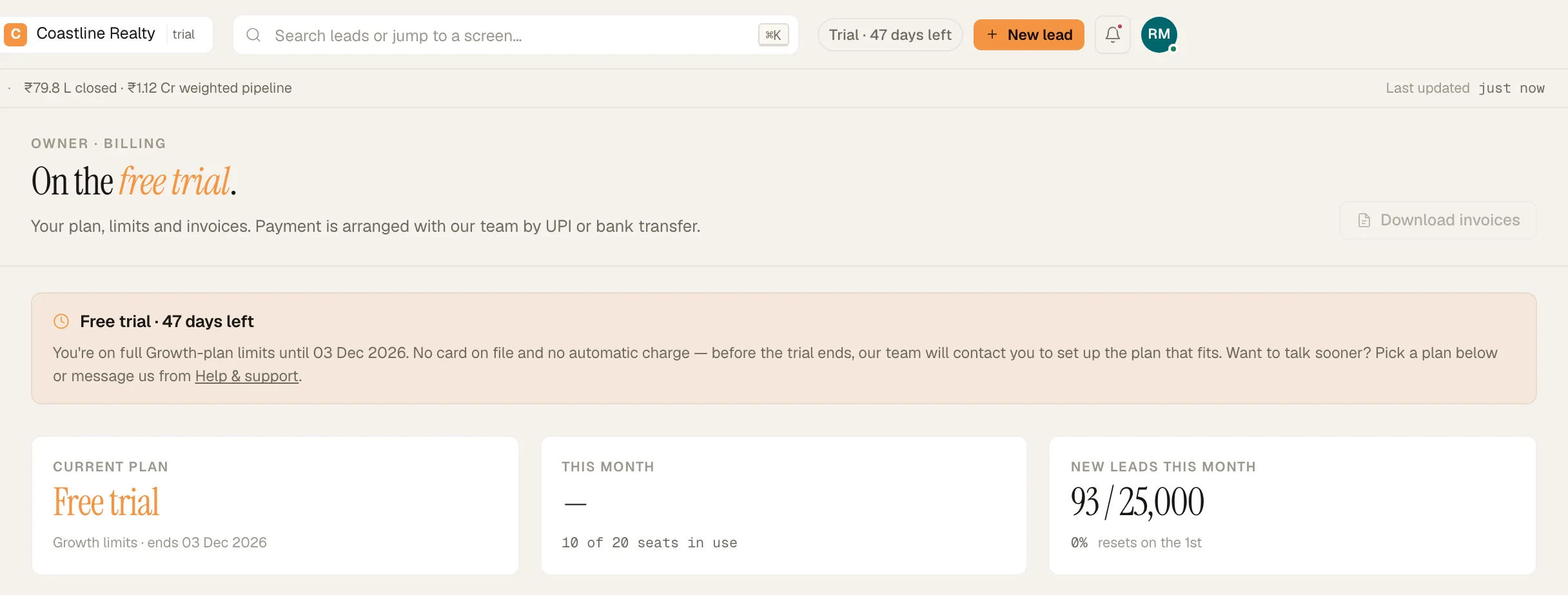 Billing and plan showing 'Free trial · 47 days left', the 'UPI · bank transfer' pill and 'Talk to us about this plan'.