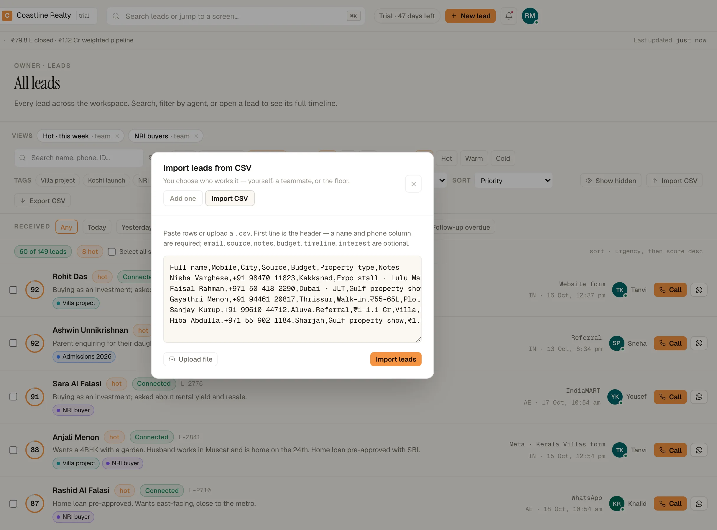 The 'Import leads from CSV' panel with pasted rows under a header row.
