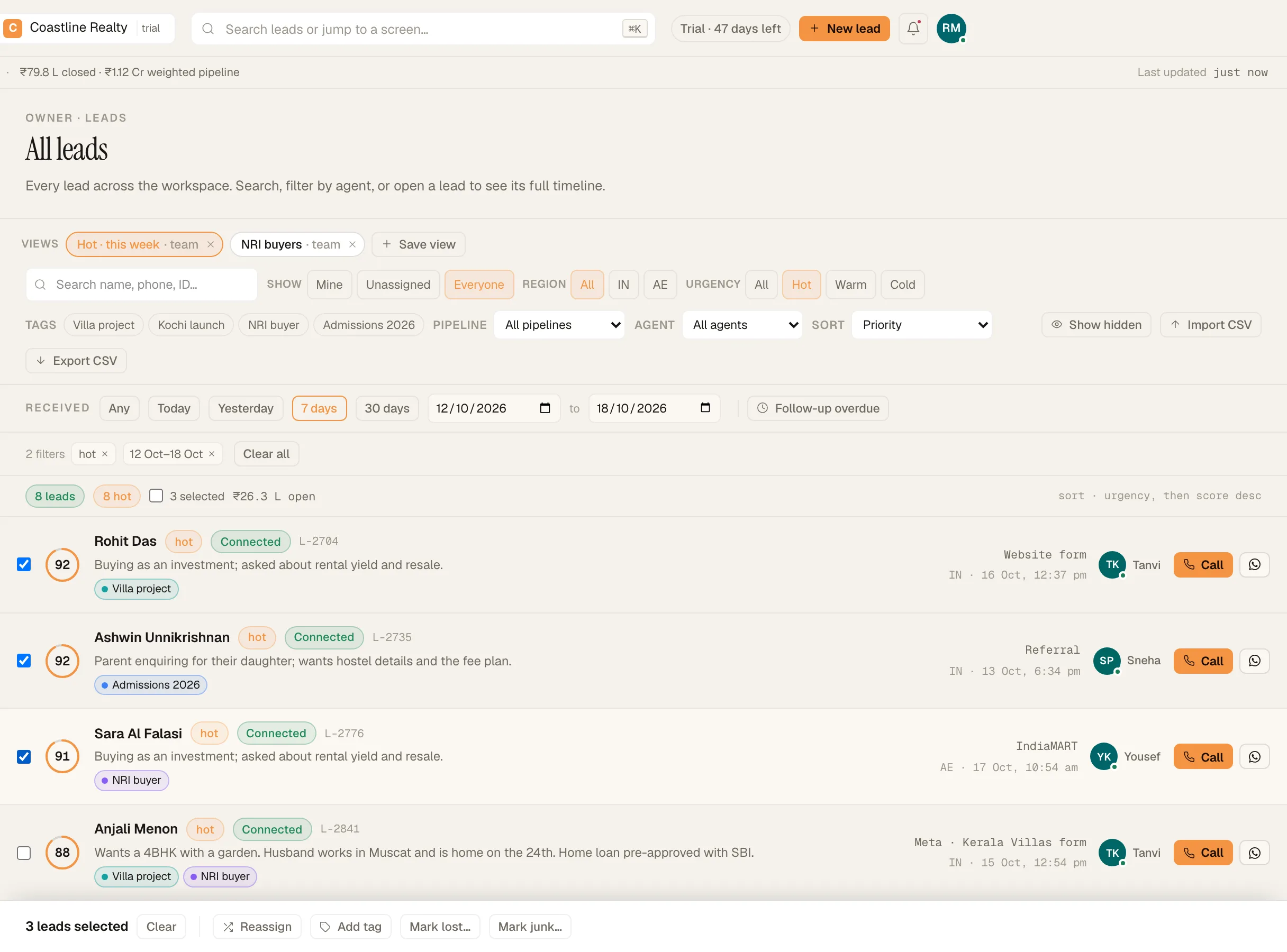 The leads list with the saved view 'Hot · this week' active and three leads selected for a bulk action.